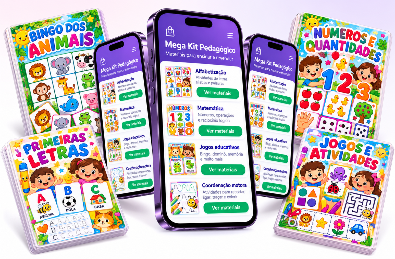 Mega Kit Pedagógico: celulares com materiais para ensinar e revender, ao lado de kits ilustrativos de letras, números, animais e jogos