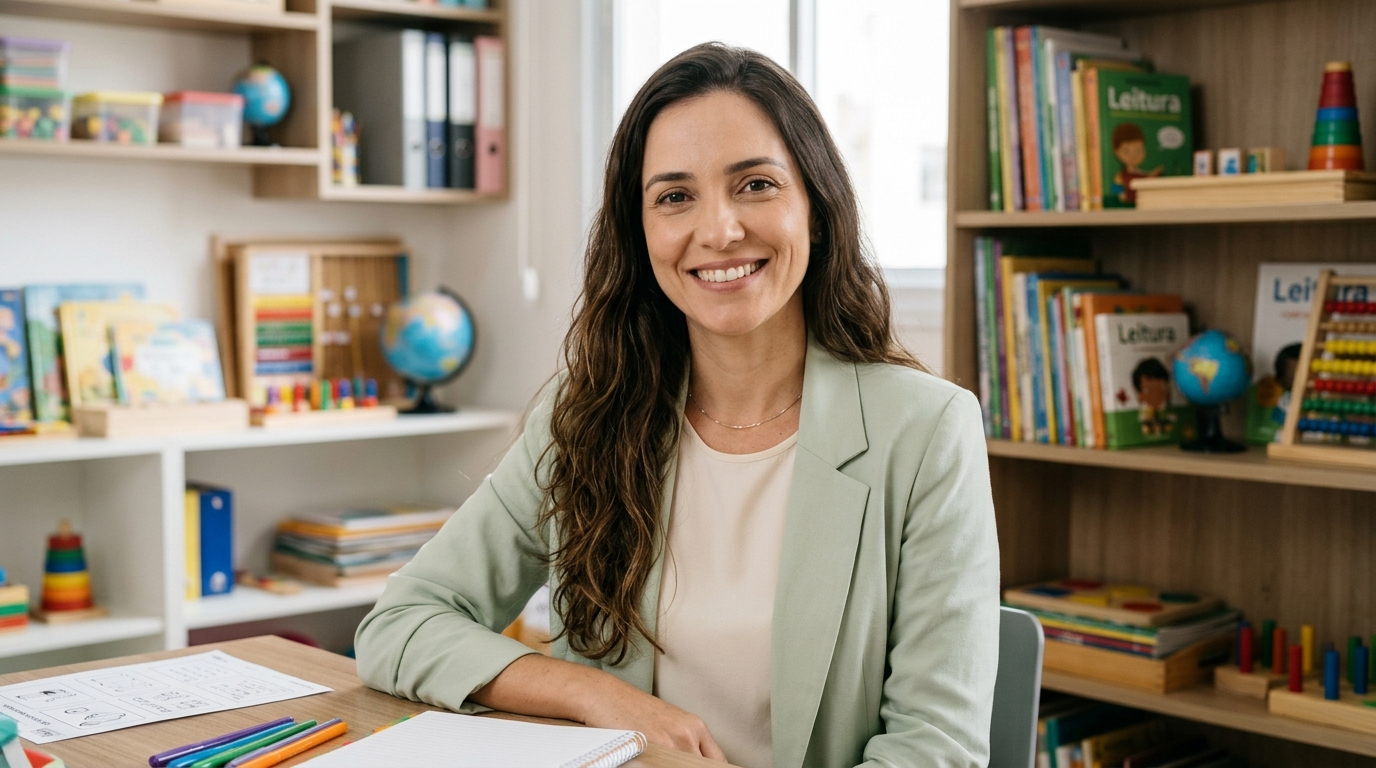 Profa. Helena Duarte em um ambiente com livros e materiais pedagógicos